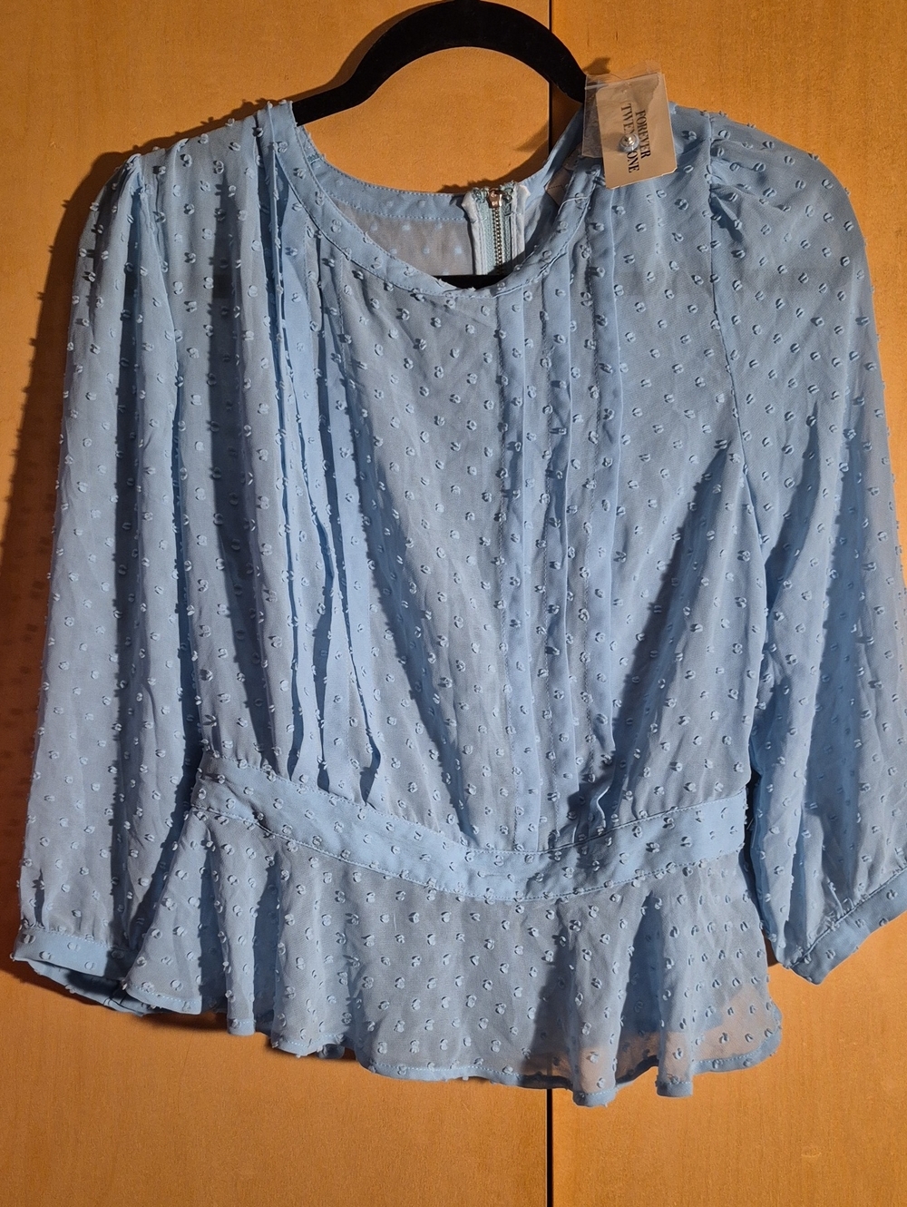 Forever 21 Light Blue Swiss Dot Peplum Blouse